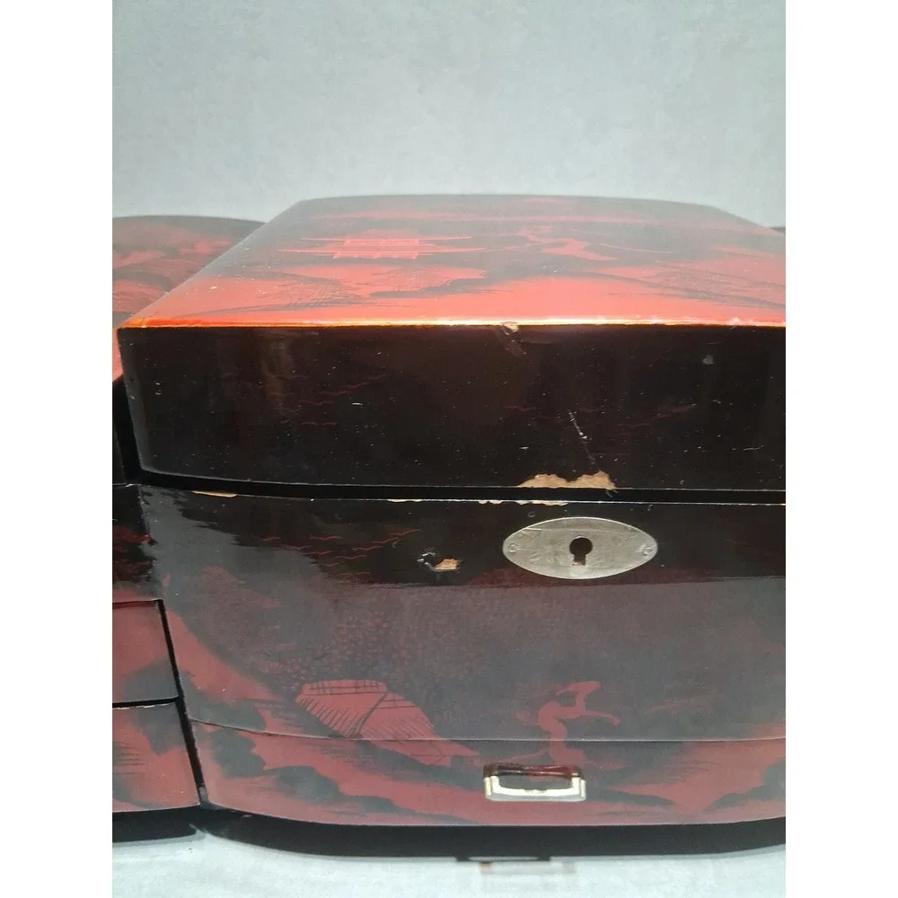 Japanese Black and Red Lacquered Musical Jewelry Box Circa 1970 With Key